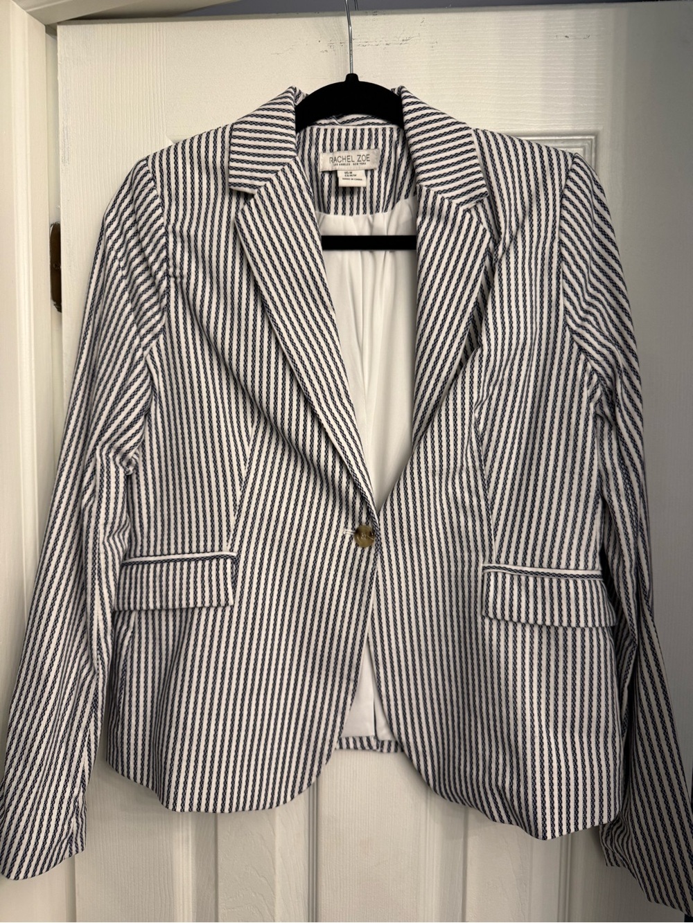 Rachel Zoe Navy and White Seersucker Single-Button Blazer